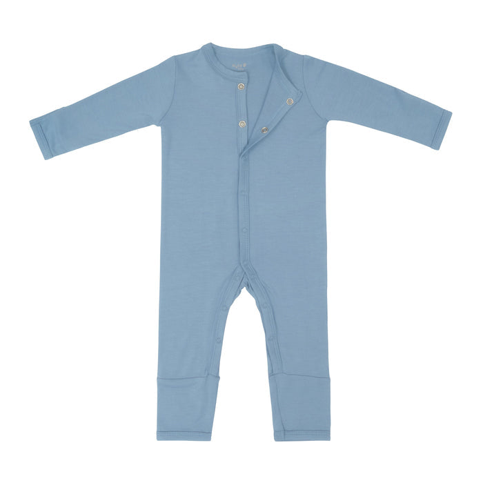 Flat lay of Kyte Baby Romper in Slate with snaps opened from the top