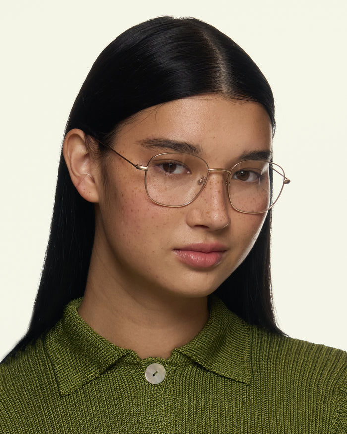 lifestyle-Tinsel::women Roosevelt Eyeglasses square gold metal