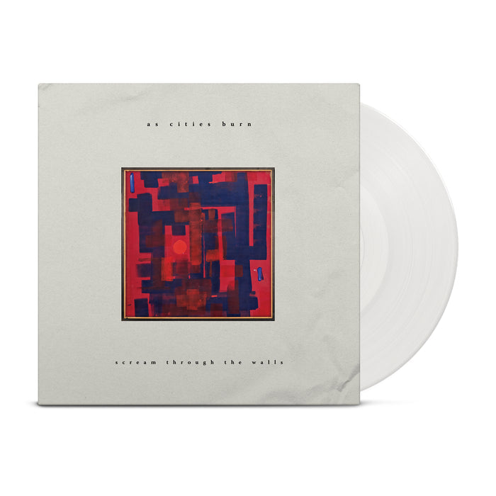 A white vinyl peeks out of a white jacket with red and blue cubist at in the center. The jacket says "as cities burn: scream through the walls".