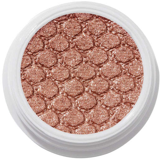 ColourPop Sequin Super Shock Shadow shimmers in metallic copper rose-gold as it catches light, pressed with a scale-embossed texture in a white round pot, shown in a clean studio overhead close-up.