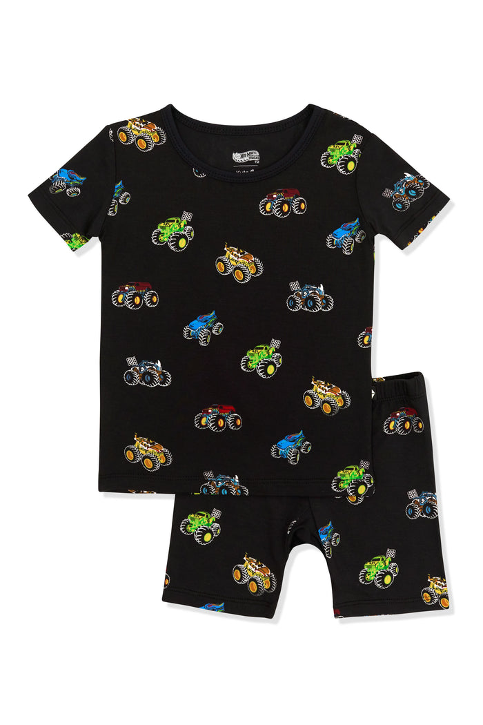 Short Sleeve Pajamas in Monster Truck print on white background