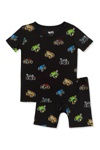 Short Sleeve Pajamas in Monster Truck print on white background