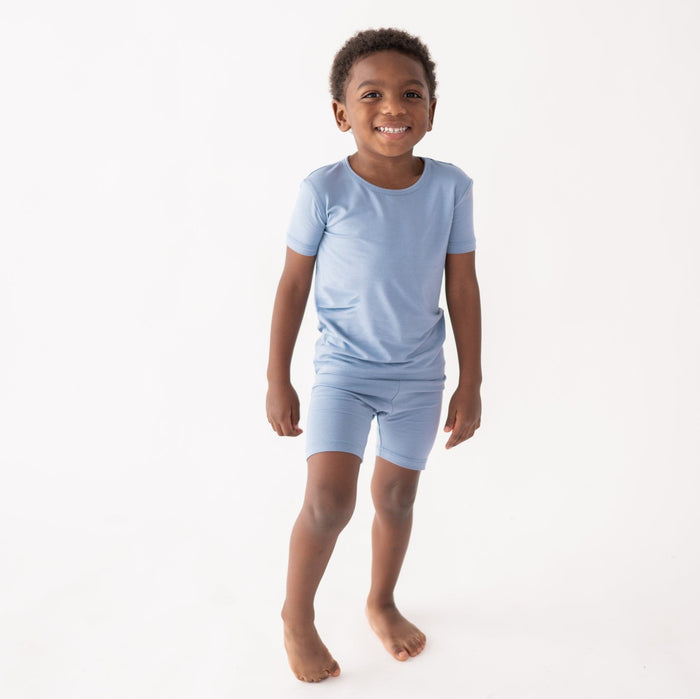 Toddler wearing a Short Sleeve Pajamas in Slate Blue