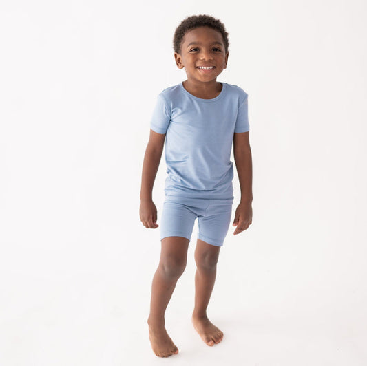 Toddler wearing a Short Sleeve Pajamas in Slate Blue