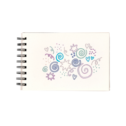 White sketchbook with colorful swirls and hearts made with OOLY Silver Linings Outline Markers on a white background