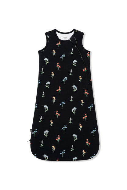 Black Sleep Bag with Wildflower 1.0 print on a white background