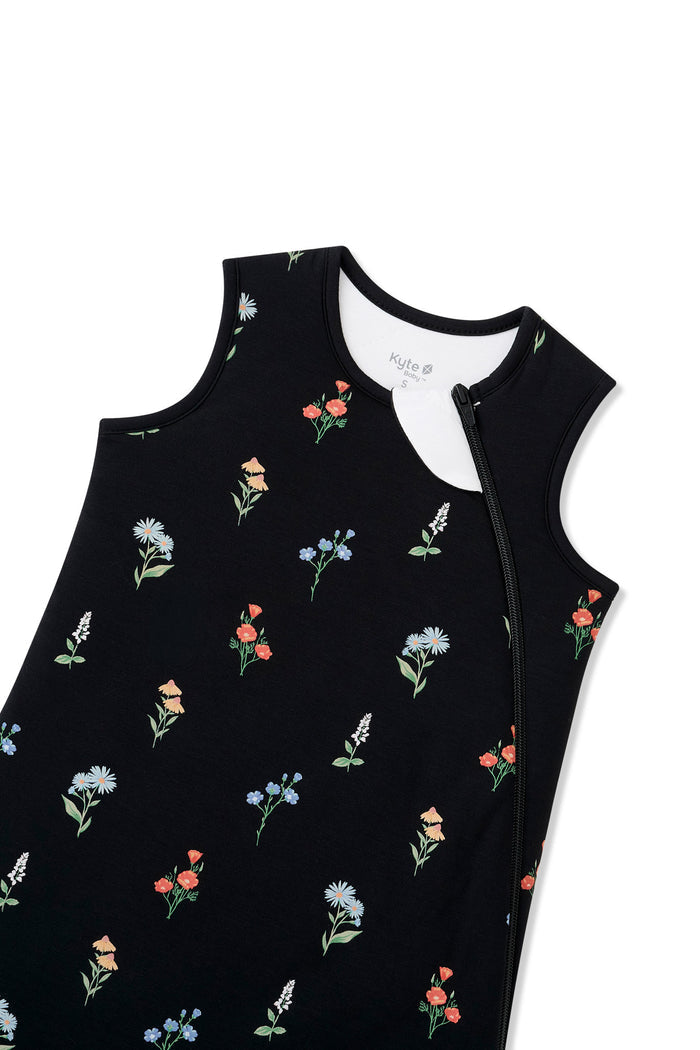 Black Sleep Bag  with Wildflower 1.0 print with zipper garage on a white background