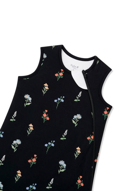 Black Sleep Bag  with Wildflower 1.0 print with zipper garage on a white background