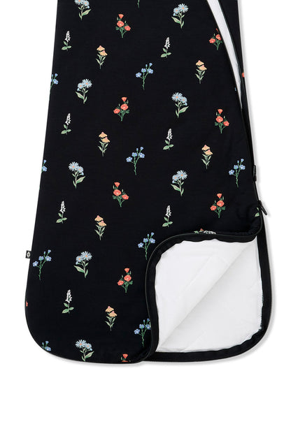 Black Sleep Bag with Wildflower 1.0 print with dual zipper on a white background