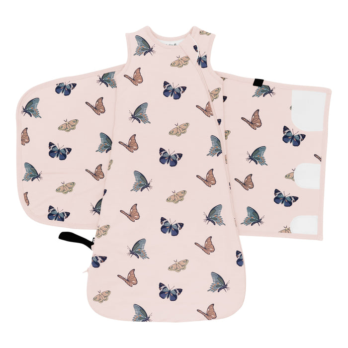 Sleep Bag Swaddler in Blush Butterfly 1.0 shown unswaddled