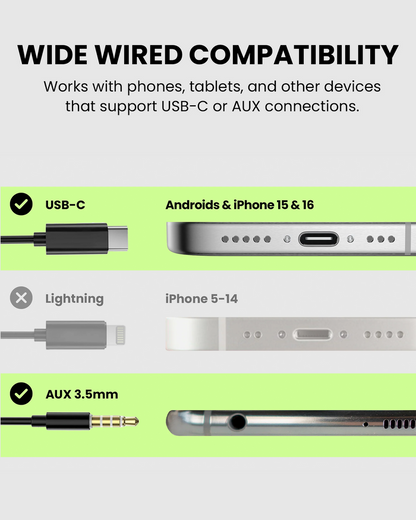 Slumber Duo Wired Dual Pillow Speaker for Sleeping, wired USB-C and AUX compatible; not compatible with Lightning devices.