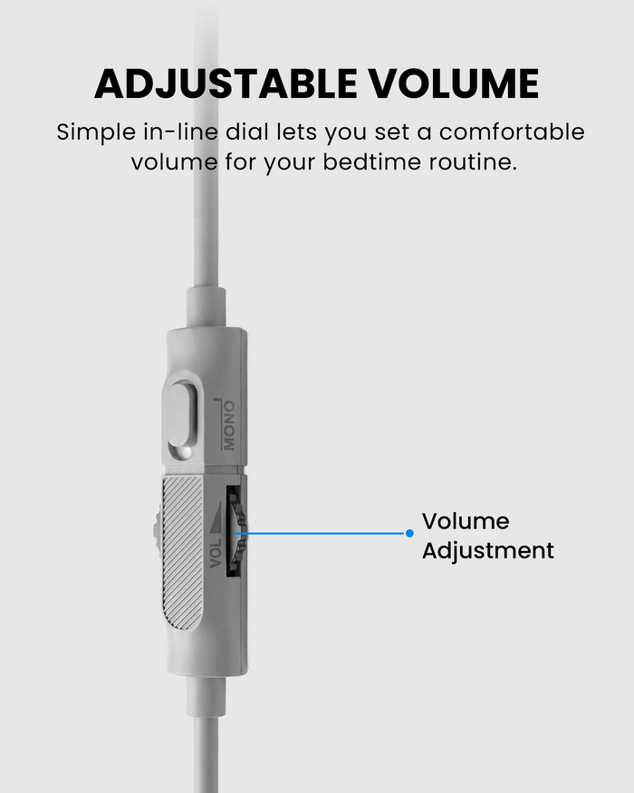 Slumber Duo Wired Dual Pillow Speaker for Sleeping with in-line volume control for easy adjustment during nighttime use.