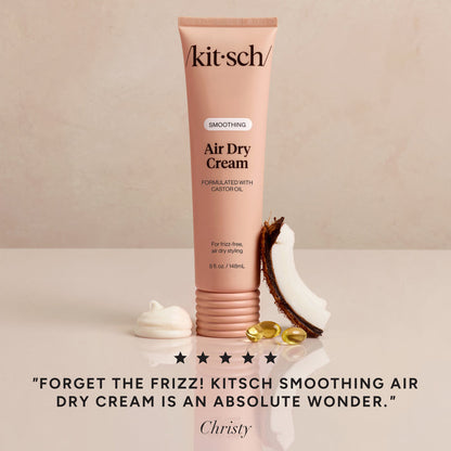 KITSCH Smoothing Air Dry Cream — 5-star customer review graphic — 24-hour frizz control that keeps hair soft, polished, and touchably smooth — free from parabens, phthalates, sulfates, and artificial dyes