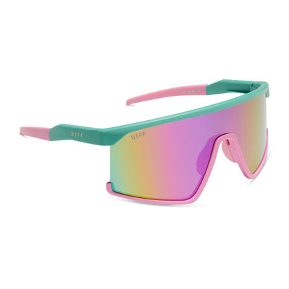 diff sport featuring the spike shield sunglasses with a turquoise & hot pink frame and pink rush mirror polarized lenses angled view
