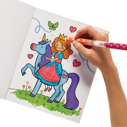 Coloring a princess on a unicorn in a coloring book using Stampables Double-Ended Stamp & Brush Markers