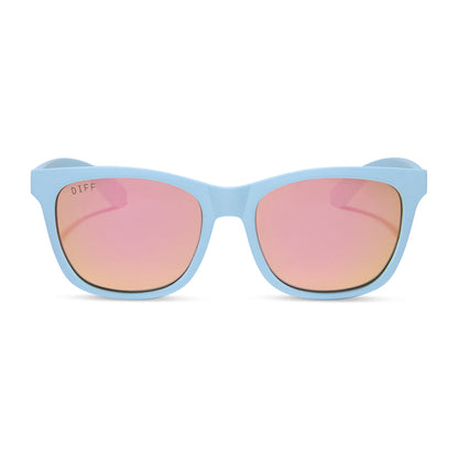 diff sport featuring the storm square sunglasses with a matte baby blue frame and sherbert rainbow mirror polarized lenses front view