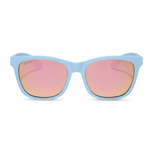 diff sport featuring the storm square sunglasses with a matte baby blue frame and sherbert rainbow mirror polarized lenses front view