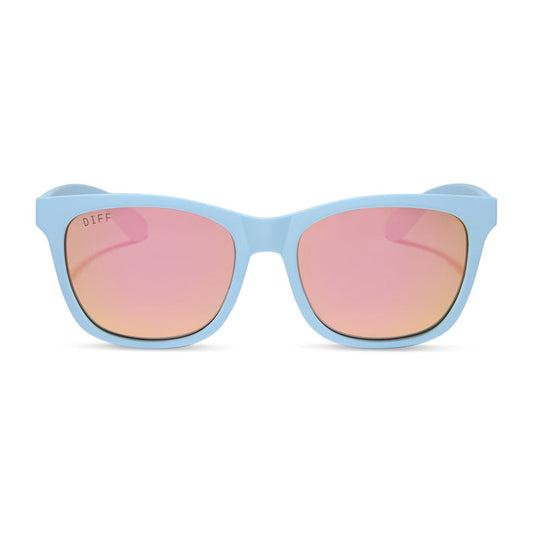 diff sport featuring the storm square sunglasses with a matte baby blue frame and sherbert rainbow mirror polarized lenses front view