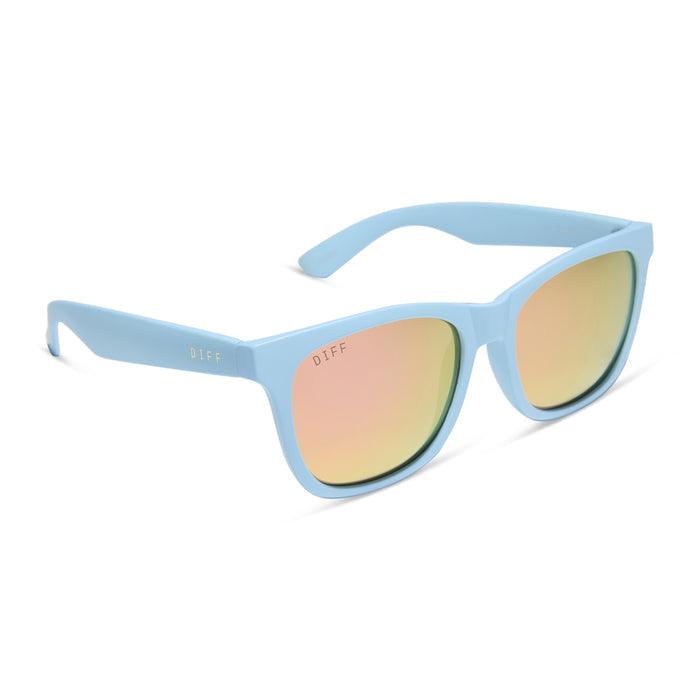 diff sport featuring the storm square sunglasses with a matte baby blue frame and sherbert rainbow mirror polarized lenses angled view