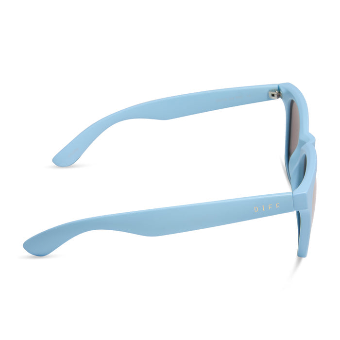 diff sport featuring the storm square sunglasses with a matte baby blue frame and sherbert rainbow mirror polarized lenses side view
