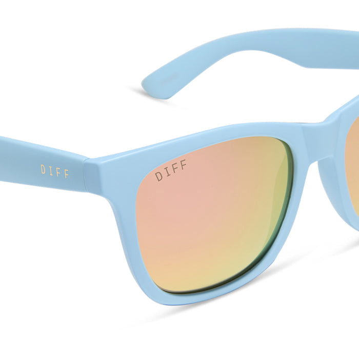 diff sport featuring the storm square sunglasses with a matte baby blue frame and sherbert rainbow mirror polarized lenses detailed view