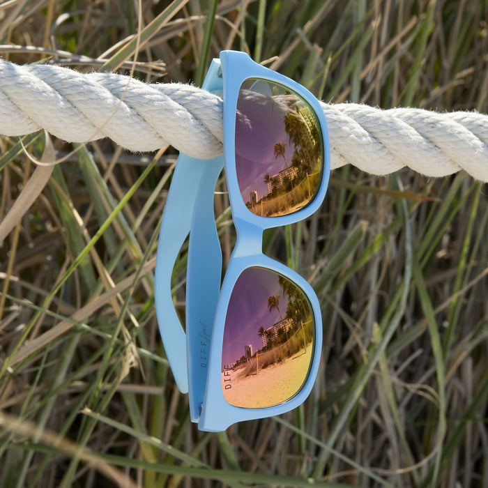 lifestyle - still life of diff sport storm baby blue sunglasses hanging around outdoors