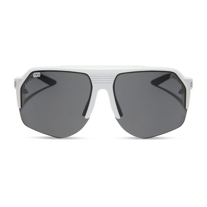 star wars™ x diff sport featuring thestormtrooper square sunglasses with a galactic white frame and category 3 dark grey polarized lenses front view