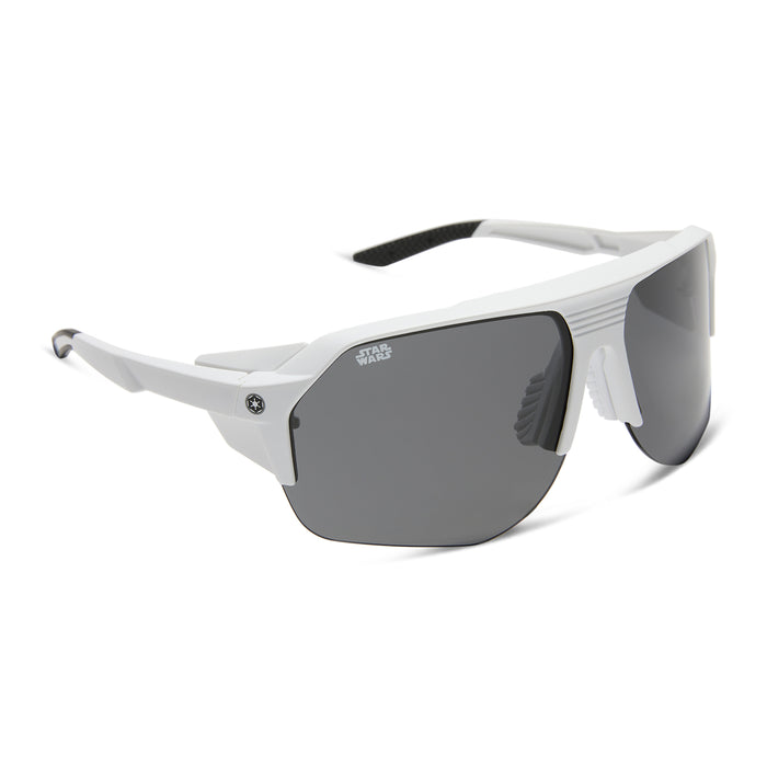 star wars™ x diff sport featuring thestormtrooper square sunglasses with a galactic white frame and category 3 dark grey polarized lenses angled view