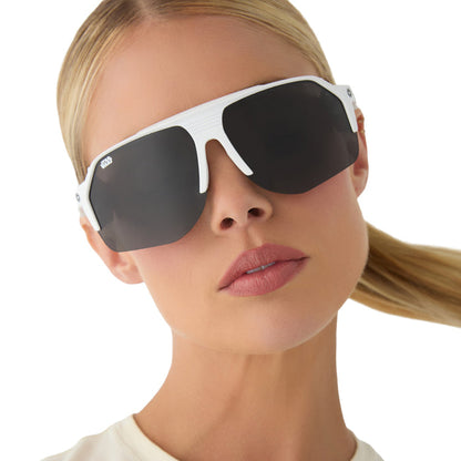 on model - female wearing star wars™ x diff sport featuring thestormtrooper square sunglasses with a galactic white frame and category 3 dark grey polarized lenses front view