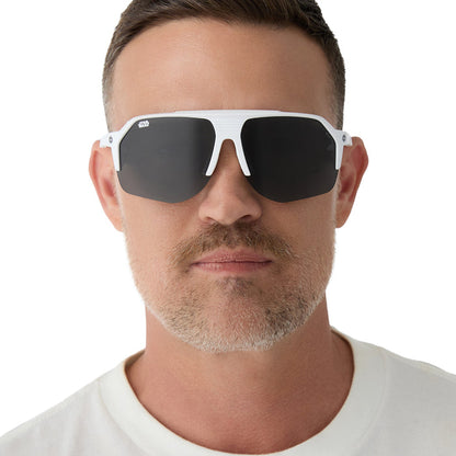 on model - male wearing star wars™ x diff sport featuring thestormtrooper square sunglasses with a galactic white frame and category 3 dark grey polarized lenses front view