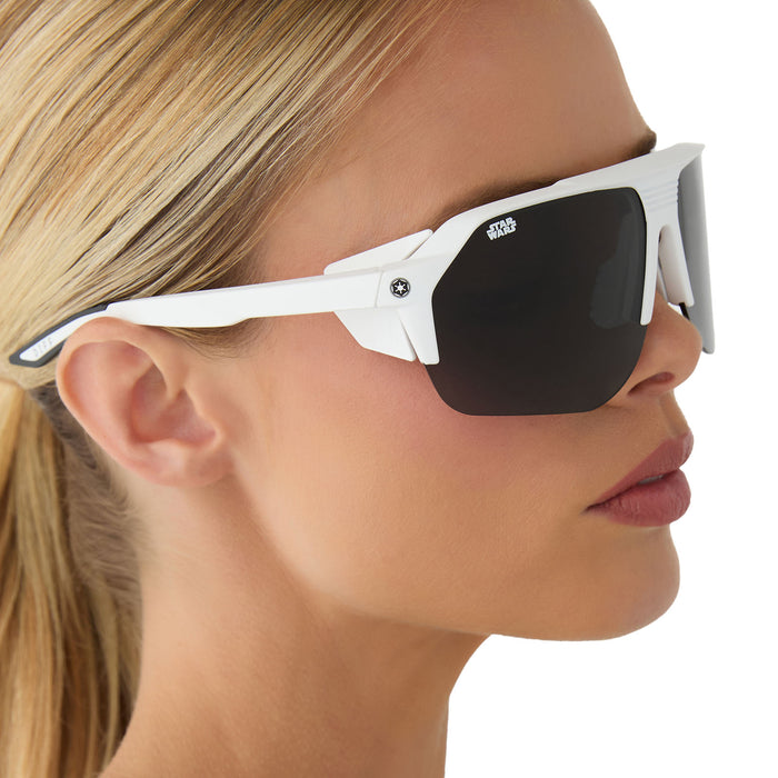 on model - female wearing star wars™ x diff sport featuring thestormtrooper square sunglasses with a galactic white frame and category 3 dark grey polarized lenses side view