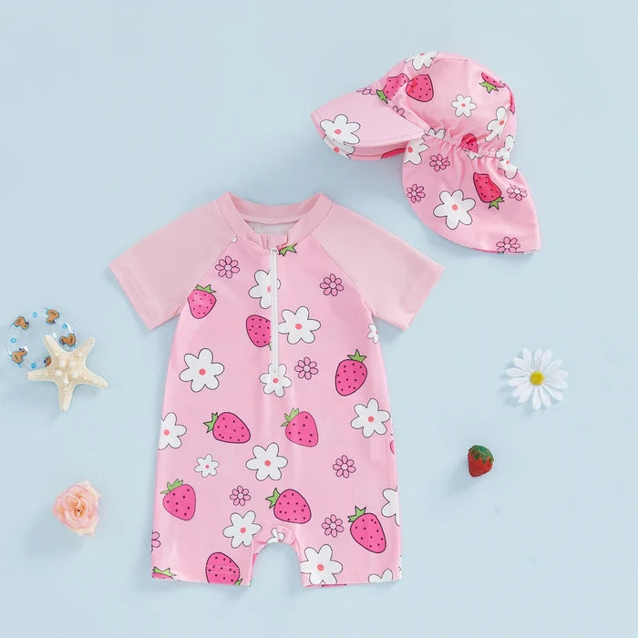 STRAWBERRY Pink Swimsuit with Sun Hat
