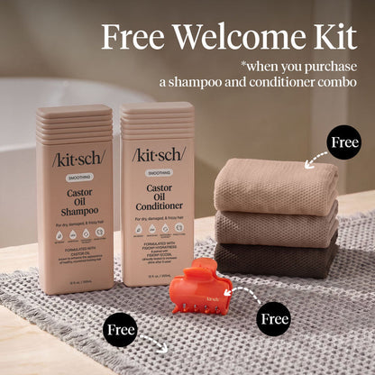 Kitsch Castor Oil Shampoo and Conditioner Summer Welcome Kit with free African Net Sponge and Quick-Dry Bath Mat