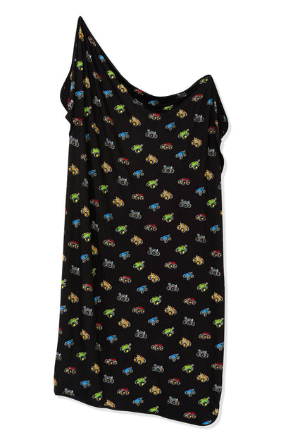Swaddle Blanket in Monster Truck print on white background