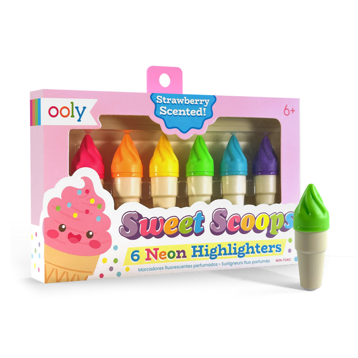 Quarter angle of OOLY Sweet Scoops Scented Neon Highlighters on a white background