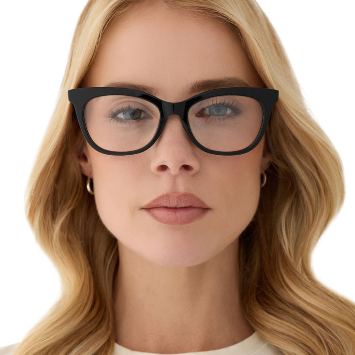 on model - female wearing diff eyewear featuring the sylvia cat eye prescription glasses with a black frame front view