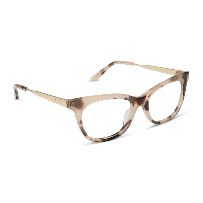 diff eyewear featuring the sylvia cat eye prescription glasses with a cream tortoise frame angled view