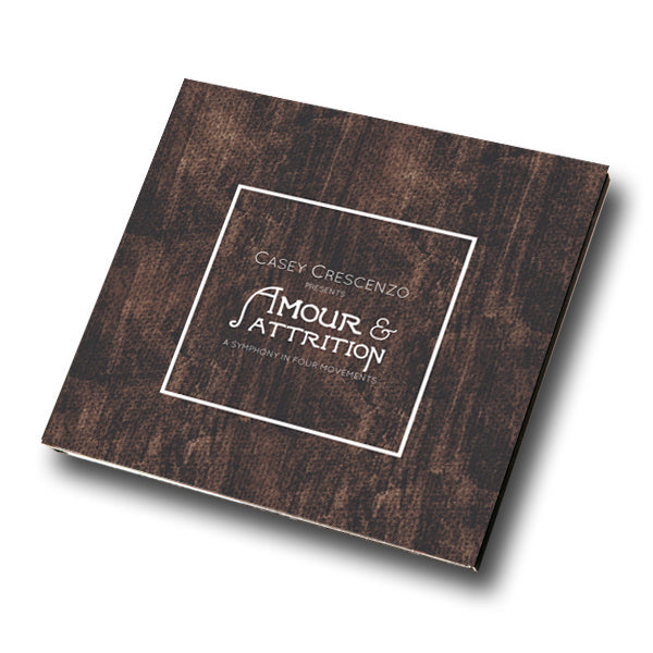 A square, brown CD cover displays the track list for Casey Crescenzo's “Amour & Attrition: A Symphony in Four Movements” in white handwriting-style font, centered within a white rectangular border.