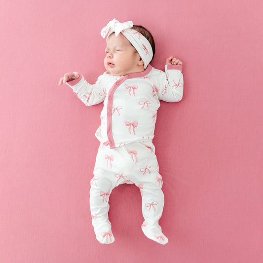 Newborn wearing Take Me Home Set with Knotted Bow Headband in Bow print