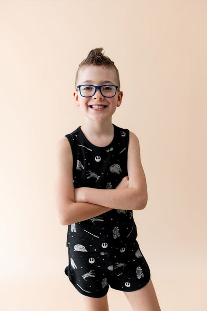 Close up of young boy modeling the Tank Jogger Set in STAR WARS™