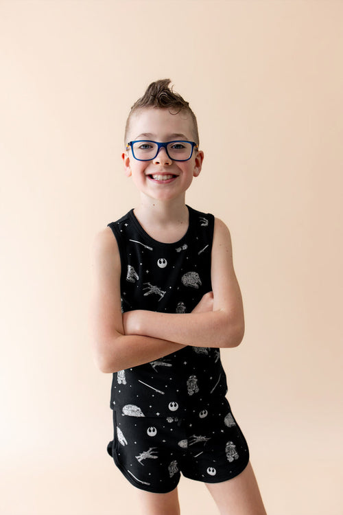 Close up of young boy modeling the Tank Jogger Set in STAR WARS™