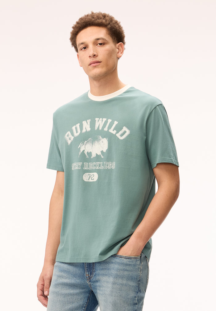 Buffalo Men T-Shirts Blue Knit Tees Short Sleeve Graphic Print