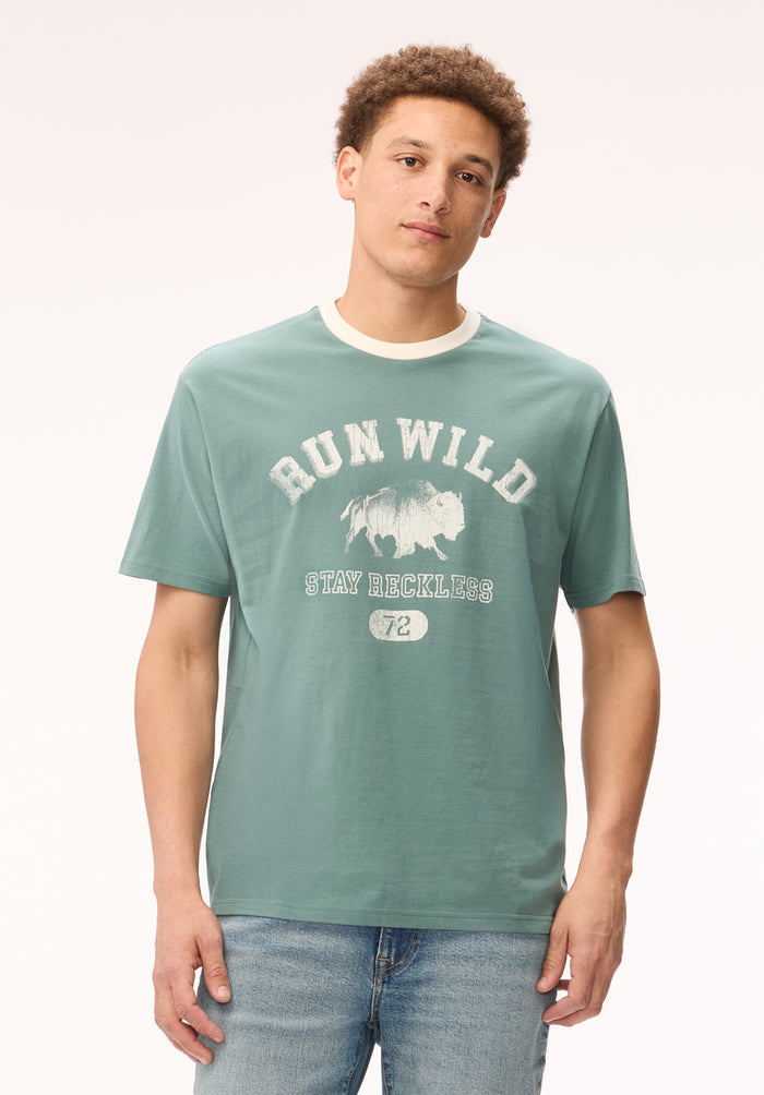 Buffalo Men T-Shirts Blue Knit Tees Short Sleeve Graphic Print