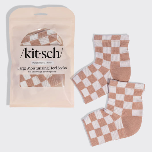 Kitsch Large Moisturizing Heel Socks in Terracotta Checker with reusable pouch and one pair of socks.
