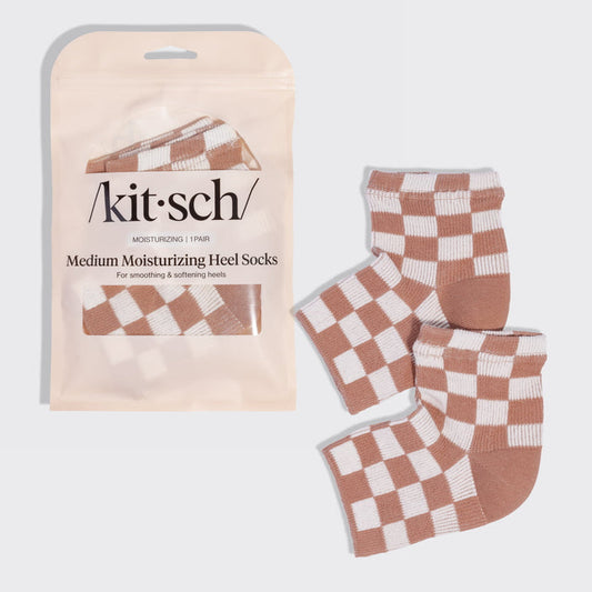 Kitsch Medium Moisturizing Heel Socks in Terracotta Checker with reusable pouch and one pair of socks.