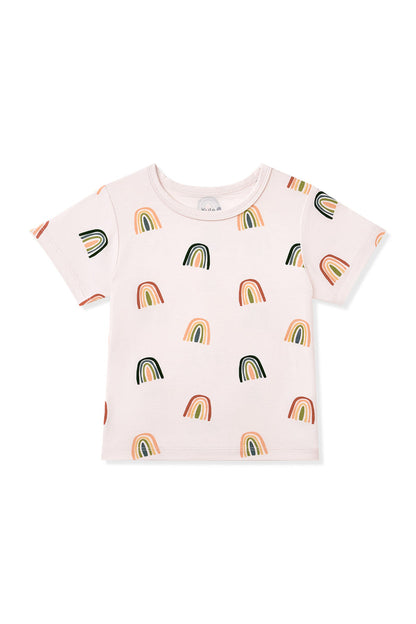 Vanilla cream Toddler Basic Tee in Retro Rainbow print on a white background