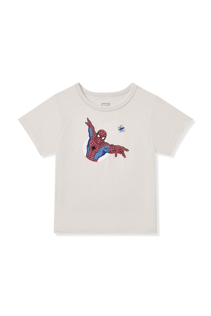 Spider-Man print in the center of Oat Toddler Basic Tee on a white background