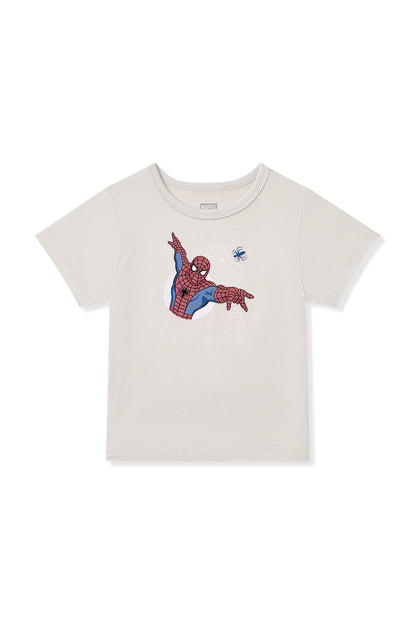 Spider-Man print in the center of Oat Toddler Basic Tee on a white background