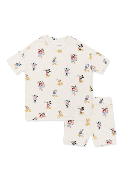 Toddler Biker Short Set with Mickey Mouse and Friends print on an oat background