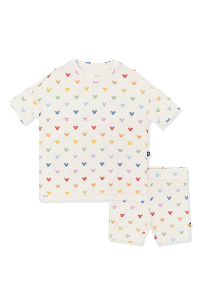 Toddler Biker Short Set with Pastel Mickey Mouse pattern on an oat background